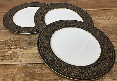 3 Dinner Plates Mikasa Mount Holyoke 60673 Gold Flowers Scrolls Black 114 White • $69.59