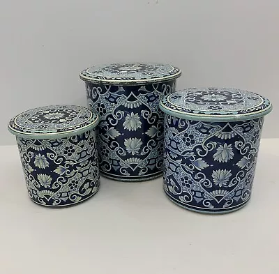 Vintage Delft Holland Blue Vintage Metal Canister Set Of 3 Nesting Canister Set • $24.99