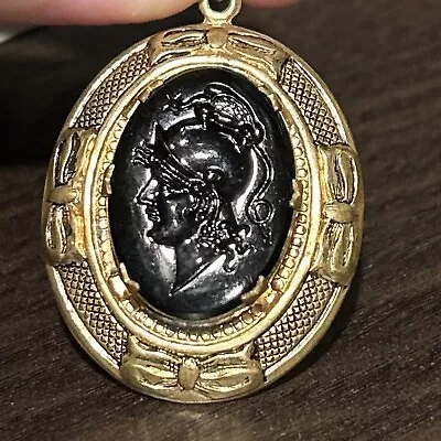 Antique Victorian Cameo Mourning Intaglio Pendant Locket Molded Glass Hair Brass • $105