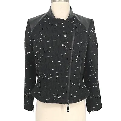 Milly Tweed Leather Trimmed Zip-up Jacket Black White Size Small • $40