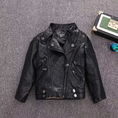 Girl Kid Boys Baby Jacket Coat Leather Zipper Motorcycle Cool Biker Outerwear • £28.68