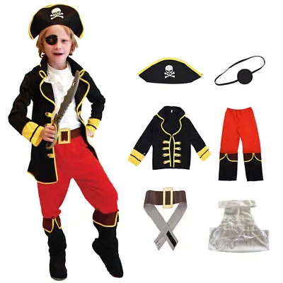 Kids Boy Jack Sparrow Caribbean Pirate Halloween Fancy Outfit Book Week Costumes • £16.36