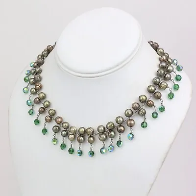 52GRAM VTG 925 Sterling Silver Green Ringed Pearl AB Crystal Glass Bead Necklace • $74.95