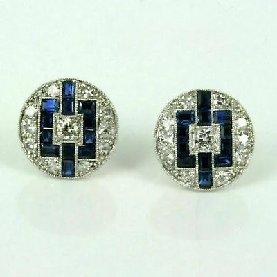 Art Deco Vintage Stud Estate Earrings 1.5 Ct Blue Sapphire 14K White Gold Over • $62.99