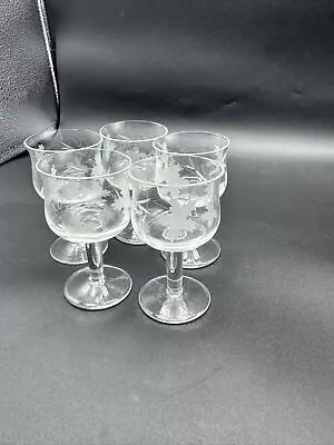 Vintage Set Of 5 Etched Crystal Sherry Glasses With Grape & Leaf Pattern  • $24.95