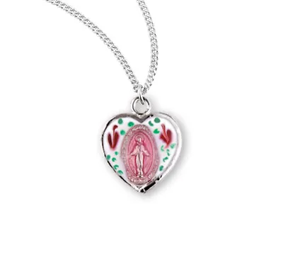 Girls Sterling Silver Heart Shaped Miraculous Medal Pendant With Pink Enamel • $57.88