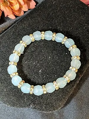 Vtg Baby Blue Thermoset Lucite Rhinestone Saucer Bead Bracelet Estate Jewelry • $1.95