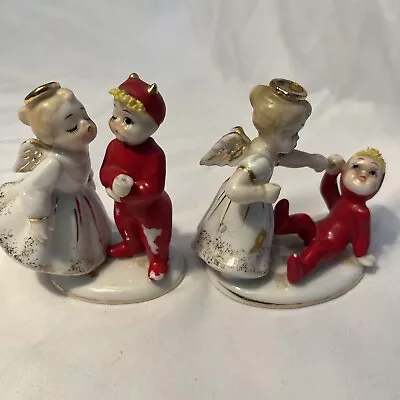 Two Lefton Rare Vintage Pair Little Angel & Devil Ceramic White & Red Figurines • $59.97