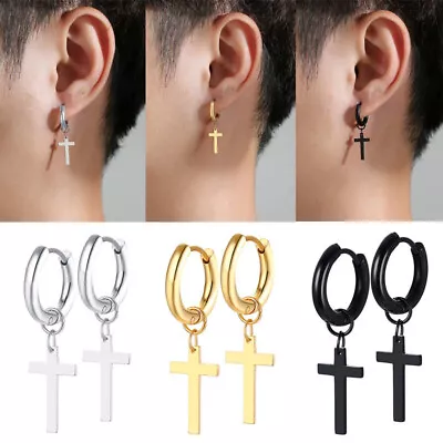 Pairs Surgical Steel Hoop Earrings With Cross For Men Gold Silver Black Women UK • £3.49