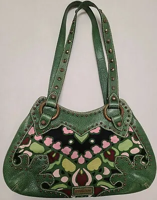 Isabelle Fiore Handbag Studded Green Leather Trimmed With Pink & Green Fabric • £72.39