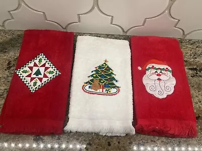 Set Of 3 Vintage Christmas Hand Towels Embroidered Tree Santa • $8