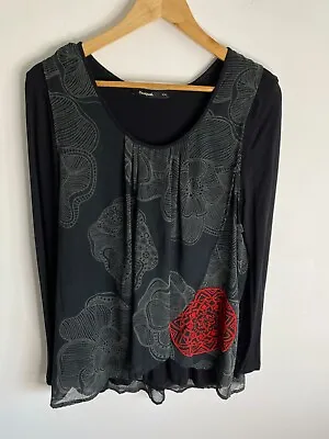 Desigual Blouse Womens 2XL Black Floral Long Sleeve Round Neck Pleated Layered • $29.99