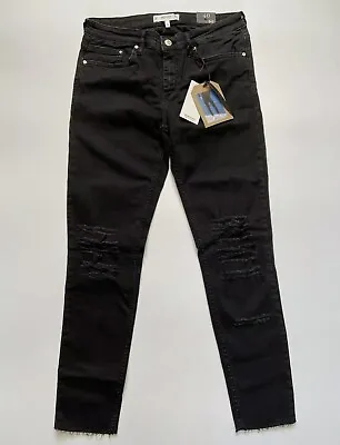 Mango Black Skinny Cropped UK 12 EU 40 Distressed Denim Stretch Jeans Comfort • £9.50