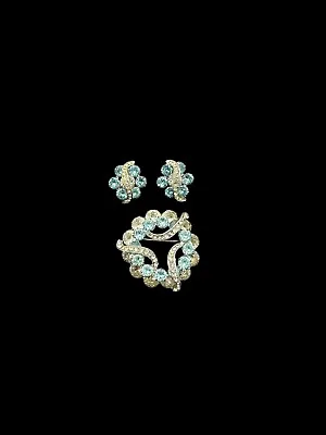 Vintage Eisenberg Ice Jewelry Set Estate Blue Rhinestone Brooch And Earrings • $29.99