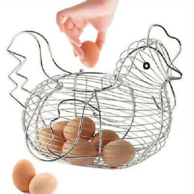 Large Chrome Plated Chicken Hen Shaped Basket Eggs Wire Storage Holder Kitchen  • £17.98