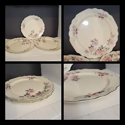 W. S. George Canarytone Set 3 Dinner Plates Pink Floral Silver Trim 9.5” • $25