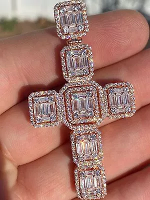 Rose Gold Plated Solid 925 Silver Men's Large Baguette CZ Cross Necklace 2  • $70.99