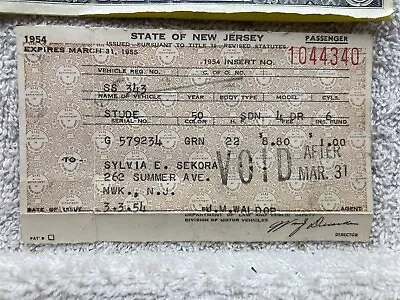 1954 State Of New Jersey Automotive Car Registration 1950 Studebaker Newark Vtg • $8.23