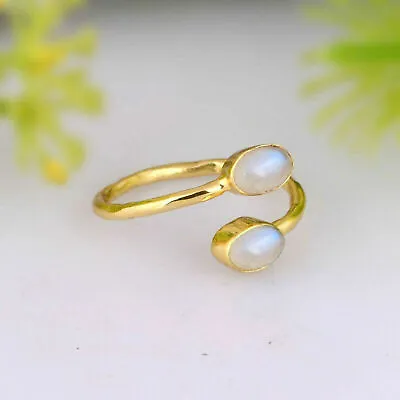 Rainbow Moonstone Adjustable Ring Gold Plated 925 Silver Engagement Bypass Ring • $17.09