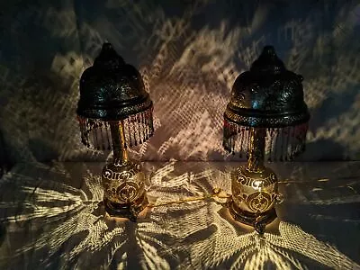 Vtg Stunning Jeweled Pierced Brass Moroccan Boudoir Table Lamps Fringe Tassels • $799