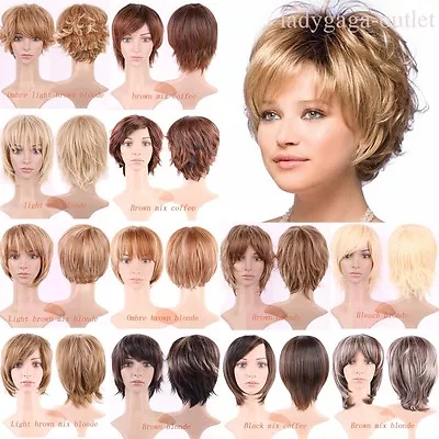 Mommy Style Short Hair Wigs Curly Straight Ombre Brown Blonde Synthetic Full Wig • $17.45