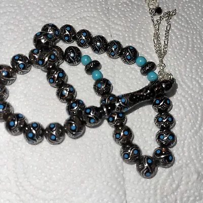Prayer Beads Black Coral Yusr Islamic Inliad Silver Masbaha مسبحه يسر روعه  • $220