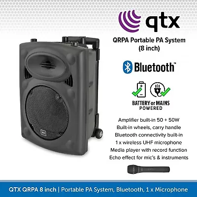 QTX QR8PABT 8” Portable PA Speaker System With Bluetooth & Wireless Microphone • £169