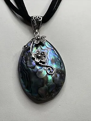 Abalone Steling Silver Floral Design Pendant 3 Strand Black Cord Necklace 18” • $59.99