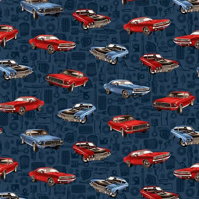 Patriotic Fabric | American Muscle Cars Toss Blue | Studio E YARD • $10.98