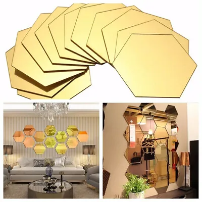 12X Mirror Surface Tile Wall Stickers Hexagon Self Adhesive Home Decoration DIY • $3.75