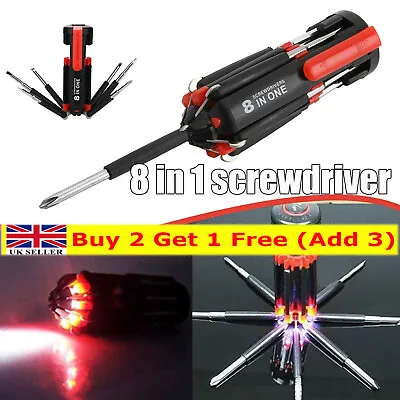 Portable.Screwdriver 8 In 1 Multi Tool 6 LED Torch Flashlight Set All In One HH • £4.99