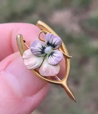 Antique Art Nouveau 10k Gold Enamel Pansy Pearl Wishbone Brooch Pin - Signed • $285