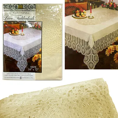 1 Beige Crochet Lace Vinyl Tablecloth Vintage Doily Table Cloth Rectangle 54X72 • $16.99