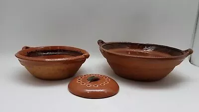 MEXICO 2 Brown Green Pottery Bowls W Handles 6x17x16/5x14x12in • $29.99