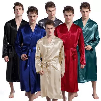 Men Long Satin Silk Pajamas Kimono Bathrobe Robe Dressing Gown Pjs Loungewear US • $16.98