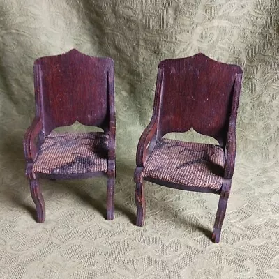 Antique Handmade German Dollhouse Chairs Dark Floral Upholstery Set Of Two 2 • $36.99