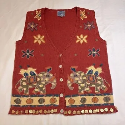 Vintage Cambridge Elephant Intarsia Linen Cotton Coin Sweater Vest Large • $36.95