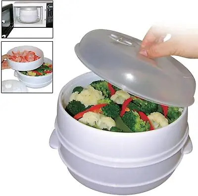 2 Tier Microwave Vegetable Steamer Cooker Healthy Pasta Rice Cooking Pot Pan • £14.95