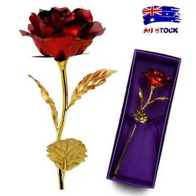 Gold Foil Plated Rose Flower 24K Dipped Decor With Stand Mothers Day Gift Red AU • $14.99