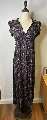 Caroline Morgan Floral Maxi Sun Dress Navy Blue Red Short Sleeve Belted Size 12 • $18.50