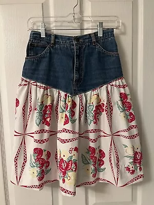 Chemin De Fer 70s Denim Skirt With Strawberry Floral Print Vintage Fabric! Sz S • $62