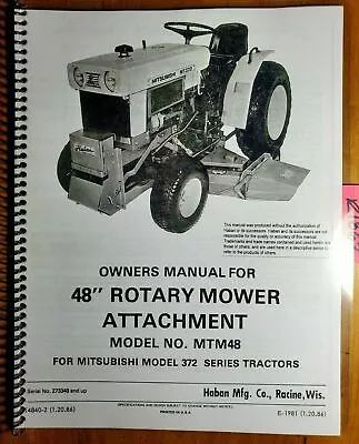 Haban MTM48 48  Mower S/N 273348- For Mitsubishi MT372 372 Tractor Manual 10/86  • $17.99