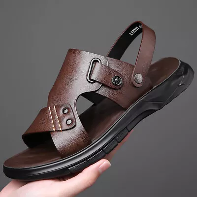 Summer Men Genuine Leather Sandals Casual Sports Beach Shoes Soft Home Slippers • $30.39