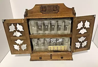 Vintage 1976 Wood Spice Cabinet Rack With Glass Apothecary Jars & Labels NOS NEW • $89.99