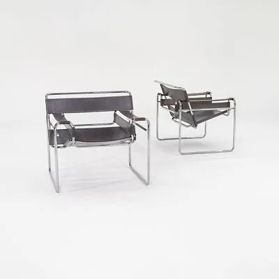 1970s Pair Of Wassily Chairs By Marcel Breuer For Knoll In Grey Leather Model B3 • £4460.12