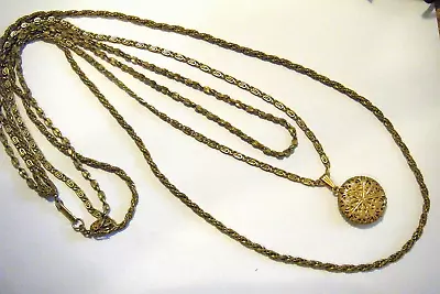 Vintage Gold Tone Miriam Haskell Necklace Triple Chain Double Filigree Locket • $95