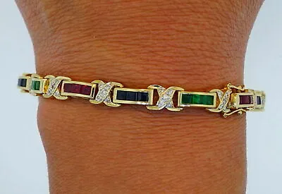 4.25Ct Simulated Ruby Sapphire And Emerald 14K Yellow Gold Over Tennis Bracelet • £199