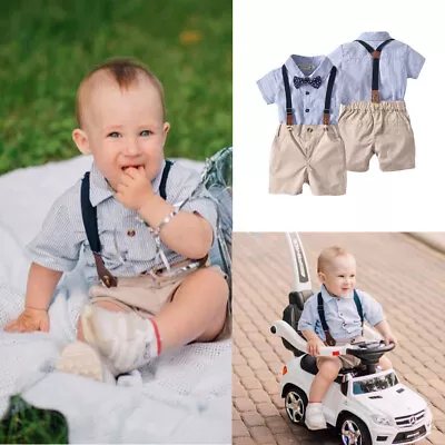 Infant Kids Baby Boy Gentleman Bowtie Shirt Jumpsuit Shorts Wedding Outfit Set • £11.99