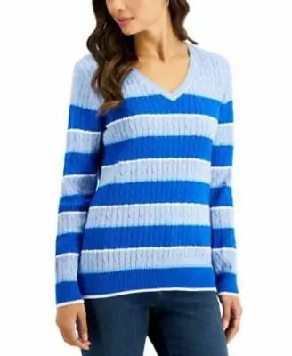 MSRP $47 Karen Scott Gianna Cotton Striped Cable V-Neck Blue Size XS • $15