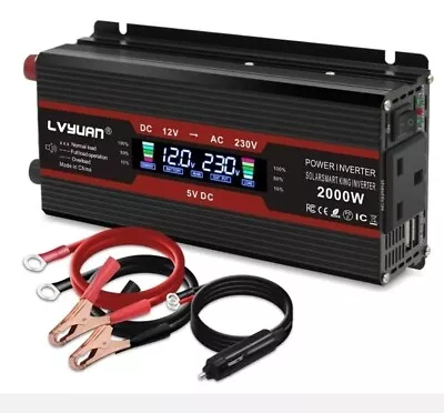 £49.99 • Buy Power Inverter 2000W 12V-240V LCD SCREEN UK SOCKET 2USB CAR CONVERTER Caravan